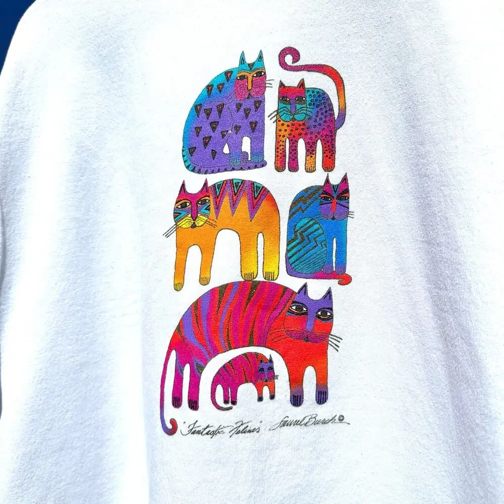 Laurel Burch Fantastic Felines Sweatshirt Sz XL Bright White Cats Artsy - Picture 2 of 9